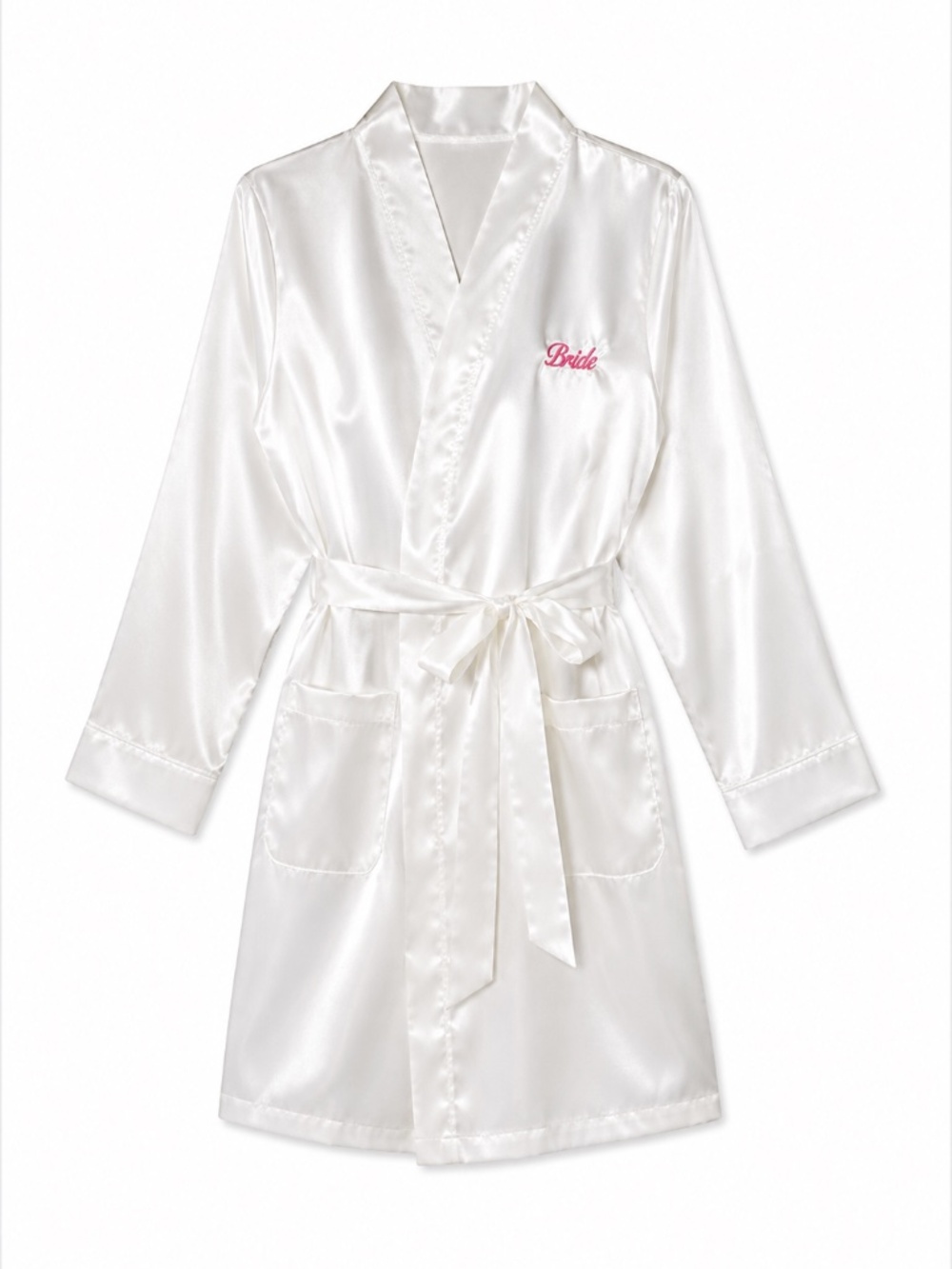 Bride Satin Robe White Pink Embroidered Wedding Getting Ready Robe Size M
